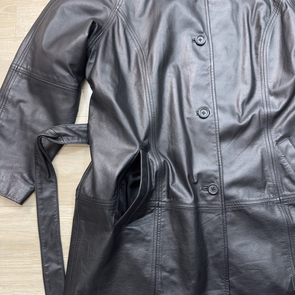 Preston & York Black Genuine Leather Belted Button Up Belt Tie Coat Mid Length L - Picture 5 of 11